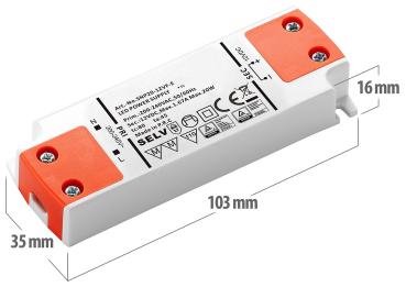 Preview: Transformateur LED, 230 V sur 12 V, charge totale jusqu'à 20 watts, 103 x 35 x 16 mm
