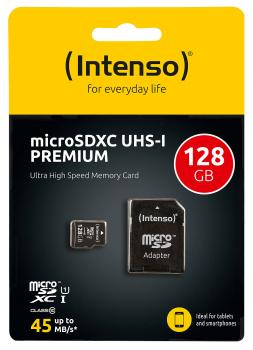 Preview: Carte mémoire Intenso microSDXC Premium 128 Go - UHS-I Classe 10/U1 - Vitesse lecture 45 Mo/s, écriture 10 Mo/s - Avec adaptateur SD pour smartphones, tablettes