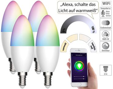 Preview: 4er-Set WLAN-LED-Lampen E14-Sockel - RGB/CCT-Lichtsteuerung dimmbar - Kompatibel mit Amazon Alexa/Google Assistant - 6W-470lm
