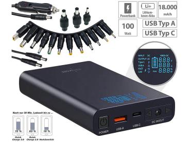 Preview: USB power bank 18 Ah with jump starter, DC 3–24 V, USB-C PD & Quick Charge, 100 W