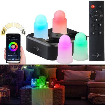 Preview: lot de 4 bougies RGBWW à LED résistantes aux intempéries, chargeur, app, télécommande