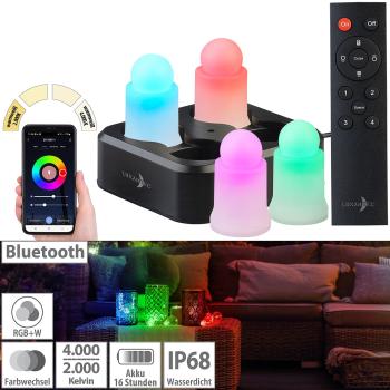 Preview: lot de 4 bougies RGBWW à LED résistantes aux intempéries, chargeur, app, télécommande