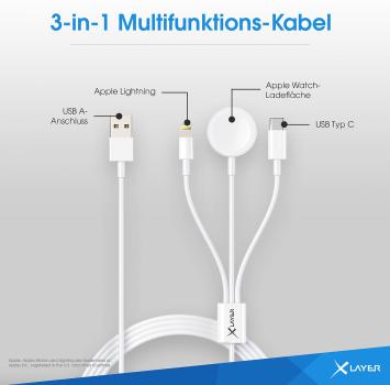 Preview: 3in1-Lade- & Datenkabel, USB-C, 8-Pin, Ladegerät für Apple-Watch, 1,5 m