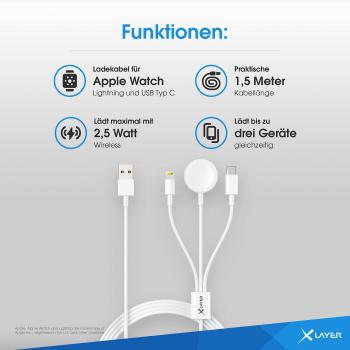 Preview: 3in1-Lade- & Datenkabel, USB-C, 8-Pin, Ladegerät für Apple-Watch, 1,5 m