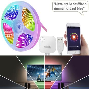 Preview: USB RGB LED-Streifen 3m - WLAN App Sound & Sprachsteuerung für Smart Home & TV-Hintergrundbeleuchtung - Dimmbar - Kompatibel Alexa Google Assistant Siri