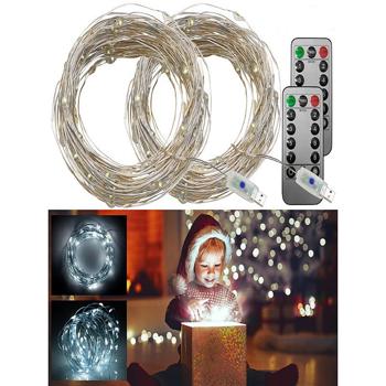 2er-Set USB-LED-Lichterdraht tageslichtweiss - 100 LEDs, 10 m Länge, 8 Leuchtmodi, Timer & Fernbedienung - Biegsamer Kupferdraht für Innen & Aussen