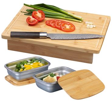 Preview: Grande planche à découper en bambou avec deux récipients de récupération en acier inoxydable