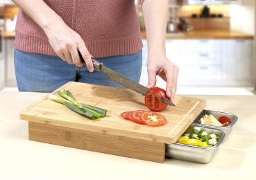 Preview: Grande planche à découper en bambou avec deux récipients de récupération en acier inoxydable