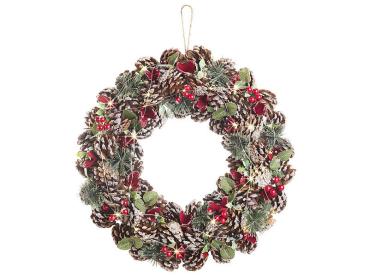 Couronne de Noël et Avent - LED blanc chaud, pommes de pin, accents rouges, Ø 44 cm - Minuteur 6h, sans flamme - Décoration suspendre/poser