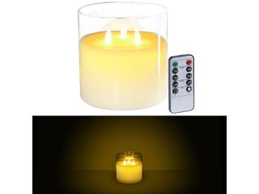 Preview: LED-Echtwachs-Kerze im Windglas mit 3 beweglichen Flammen, Fernbedienung