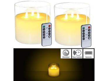 Preview: lot de 2 bougies LED en cire véritable dans un verre à vent avec 3 flammes mobiles, télécommande