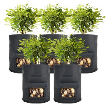 Preview: Lot de 5 sacs de culture, 10 L, en feutre – respirants, avec trappe et poignées – pour légumes, fraises et plus – légers et robustes