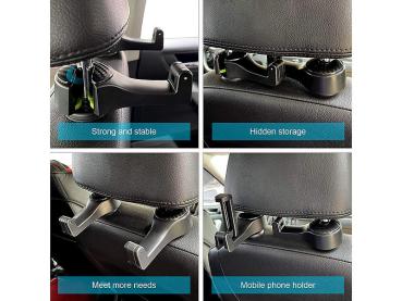 Preview: 2er-Set Kfz-Kopfstützen-Halterung mit Haken - drehbar für Smartphones (5,5-8,5 cm) & Taschen (bis 10 kg) - einfache Montage- rutschfest