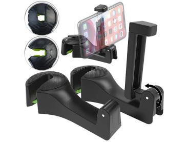 Preview: 2er-Set Kfz-Kopfstützen-Halterung mit Haken - drehbar für Smartphones (5,5-8,5 cm) & Taschen (bis 10 kg) - einfache Montage- rutschfest