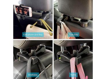 Preview: 2er-Set Kfz-Kopfstützen-Halterung mit Haken - drehbar für Smartphones (5,5-8,5 cm) & Taschen (bis 10 kg) - einfache Montage- rutschfest
