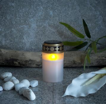 Preview: Solar-LED-Grabkerze mit flackerndem Licht und Akku, 12,5 cm, weiss