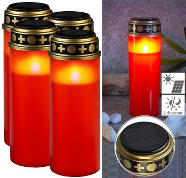 Preview: 4er-Set XXL-Solar-LED-Grabkerzen mit Dauerlicht und Akku, 21 cm, rot