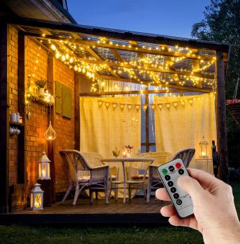 Preview: Outdoor-Lichtervorhang 3x3m - 300 warmweisse LEDs, 10 Lichtstränge für stimmungsvolle Deko drinnen/draussen - IP44, Fernbedienung mit 8 Modi, dimmbar, Timer