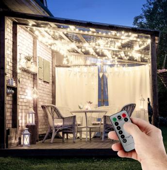 Preview: Outdoor-Lichtervorhang - 300 weisse LEDs, 3x3m, Fernbedienung, 8 Modi, dimmbar - IP44 spritzwassergeschützt, mit Timer, kürzbar, 6000K tageslichtweiss