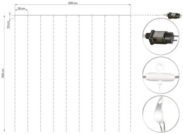Preview: Outdoor-Lichtervorhang - 300 weisse LEDs, 3x3m, Fernbedienung, 8 Modi, dimmbar - IP44 spritzwassergeschützt, mit Timer, kürzbar, 6000K tageslichtweiss