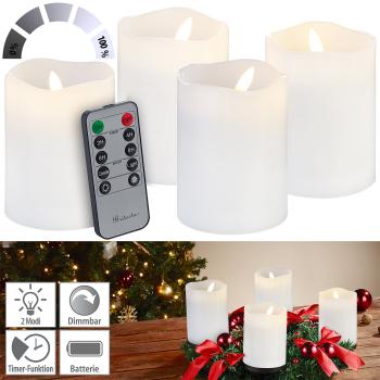Preview: 4er-Set LED-Adventskerzen weiss - flackernder Kerzenschein dimmbar mit Fernbedienung - Timer 2/4/6/8h - Brandsicher & Memory-Funktion - 10x7.5cm