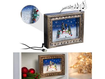 Preview: Weihnachts-Bilderrahmen Schneemannfamilie – LED beleuchtet 3D-Motiv & Schneewirbel-Effekt – Musikfunktion, Timer, warmweisses Licht – 24.5x19.5x5 cm