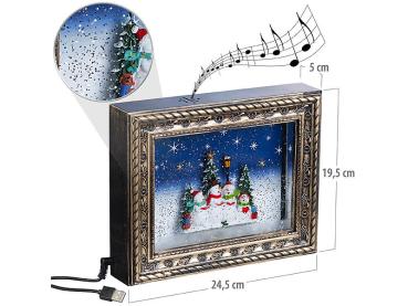Preview: Weihnachts-Bilderrahmen Schneemannfamilie – LED beleuchtet 3D-Motiv & Schneewirbel-Effekt – Musikfunktion, Timer, warmweisses Licht – 24.5x19.5x5 cm