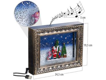 Preview: Weihnachtsbilderrahmen 3D-Motiv Bescherung - LEDs, Schneewirbel & Musik - Timer (8h/16h), warmweiss, USB-Betrieb - 24.5x19.5x5 cm Deko