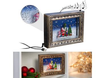 Preview: Weihnachtsbilderrahmen 3D-Motiv Bescherung - LEDs, Schneewirbel & Musik - Timer (8h/16h), warmweiss, USB-Betrieb - 24.5x19.5x5 cm Deko
