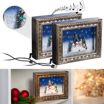 Preview: 2er-Set Weihnachts-Bilderrahmen - LED-beleuchtetes 3D Schneemannmotiv, Schneewirbel & Musik - Timer-Funktion, USB-betrieben, 24.5x19.5x5cm - Warmweiss