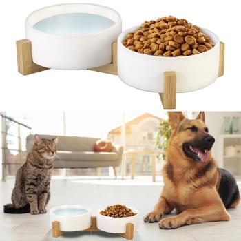 Preview: Double ceramic food & drinking bowl with bamboo stand, 400 ml each