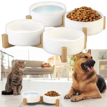 Preview: Lot de 2 Gamelles Doubles Céramique 400ml - Support Bambou Antidérapant - Hygiénique, Lave-Vaisselle & Micro-Ondes - Pour Nourriture & Boisson