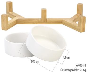 Preview: Lot de 2 Gamelles Doubles Céramique 400ml - Support Bambou Antidérapant - Hygiénique, Lave-Vaisselle & Micro-Ondes - Pour Nourriture & Boisson