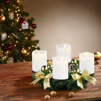 Preview: Adventskranz mit goldenem Schmuck - Inkl. 4 weissen LED-Kerzen & Fernbedienung - Ø 30cm Kunst-Zweige, dimmbar, Timer, flackernd, brandsicher, nadeln nicht