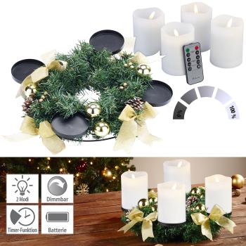 Preview: Adventskranz mit goldenem Schmuck - Inkl. 4 weissen LED-Kerzen & Fernbedienung - Ø 30cm Kunst-Zweige, dimmbar, Timer, flackernd, brandsicher, nadeln nicht