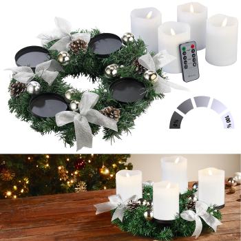 Preview: Couronne de l‘avent Aspect Sapin - Décorations Argentées, Bougies LED Blanches Télécommandées - 2 Modes Lumineux, Minuteur - Ø 30 cm