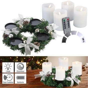 Preview: Couronne de l‘avent Aspect Sapin - Décorations Argentées, Bougies LED Blanches Télécommandées - 2 Modes Lumineux, Minuteur - Ø 30 cm