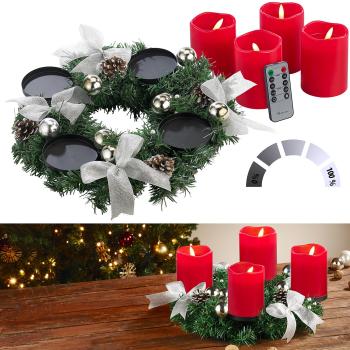 Preview: Couronne de l’avent avec décorations argentées et bougies LED rouges