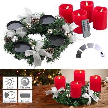 Preview: Couronne de l’avent avec décorations argentées et bougies LED rouges