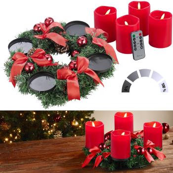 Preview: Couronne de l‘Avent - Aspect sapin, décorations rouges, bougies LED télécommandées Ø 30cm - 2 modes lumineux, 5 niveaux, minuteur 2/4/6/8h