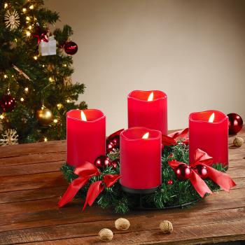 Preview: Couronne de l‘Avent - Aspect sapin, décorations rouges, bougies LED télécommandées Ø 30cm - 2 modes lumineux, 5 niveaux, minuteur 2/4/6/8h