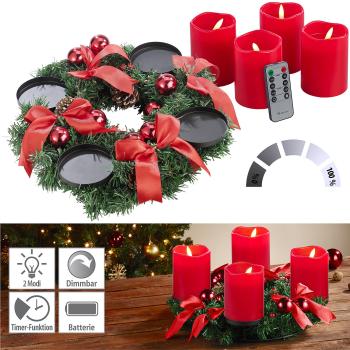 Preview: Couronne de l‘Avent - Aspect sapin, décorations rouges, bougies LED télécommandées Ø 30cm - 2 modes lumineux, 5 niveaux, minuteur 2/4/6/8h