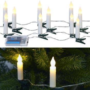 Preview: 2er-Set LED-Lichterkette - 10 warmweisse Kerzen, 130cm lang, Timer (6/18 Std.) - Batteriebetrieben für Tannenbaum & Weihnachtsdeko - Cremefarbene LED-Kerzen