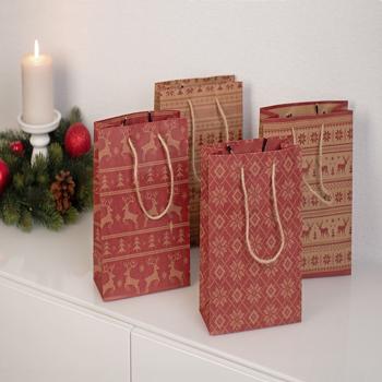 Preview: Sacs Cadeaux Kraft Noël - 12 Pièces, 4 Motifs Festifs - Écologiques, Durables & Anses de Transport - 23x18x8cm - Emballage Cadeaux Résistant