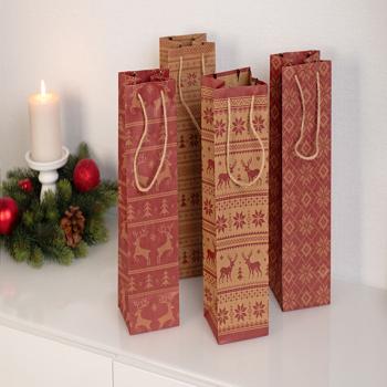 Preview: Sacs Cadeaux Noël Bouteille de Vin - Papier Kraft Résistant & Écologique avec Anses - 12 Pièces, 4 Motifs, 34x10x10 cm - Facile à Transporter
