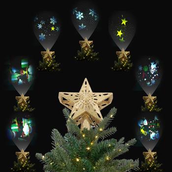 Preview: LED-Weihnachtsstern-Baumspitze gold - Projektor für weihnachtliche Zimmerdecke - IP44 spritzwassergeschützt - 6 Schablonen - 230V-Netzteil - 24x25.5x6 cm