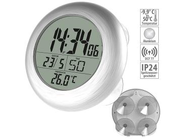 Preview: Orologio da parete radiocontrollato del bagno digitale con termometro, telaio in alluminio, IP24
