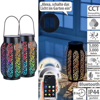 Preview: 2er-Set Smarte Solar-Laterne Metall - RGB-CCT-LEDs, App-steuerbar, Dämmerungssensor - warm-/tageslichtweiss, 16 Mio. Farbtöne, IP44, 8h Akku