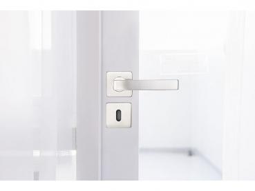 Preview: Edelstahl-Türbeschlag mit 2 Klinken & Rosetten, eckig, silbern