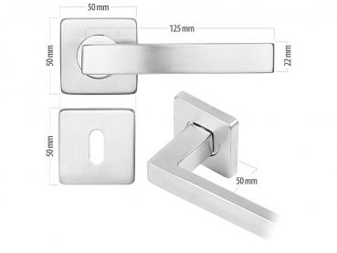 Preview: Edelstahl-Türbeschlag mit 2 Klinken & Rosetten, eckig, silbern